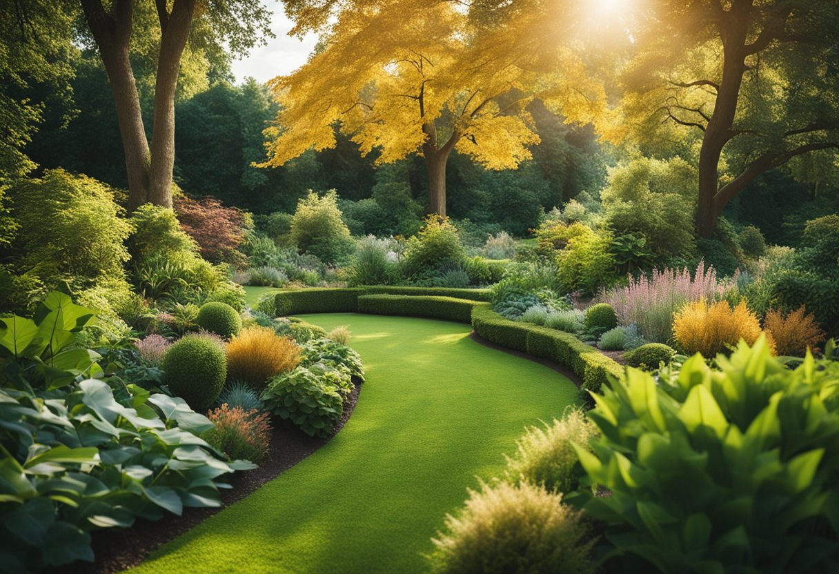 A lush garden with changing foliage and cozy textures, showcasing the transition from summer to autumn. Vibrant colors and varied plant life create a warm and inviting atmosphere