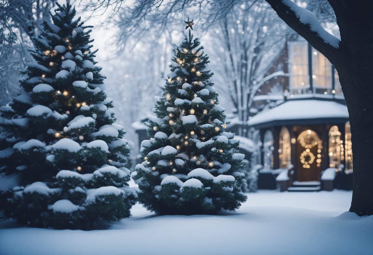 A serene winter garden with soft snow covering the ground, twinkling lights adorning trees and bushes, and seasonal decorations adding a touch of magic to the landscape