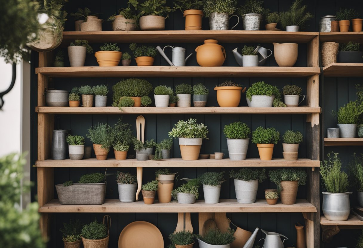 A garden shed filled with shelves of seasonal decor items, from potted plants to outdoor ornaments. A maintenance area with tools and supplies for refreshing the space