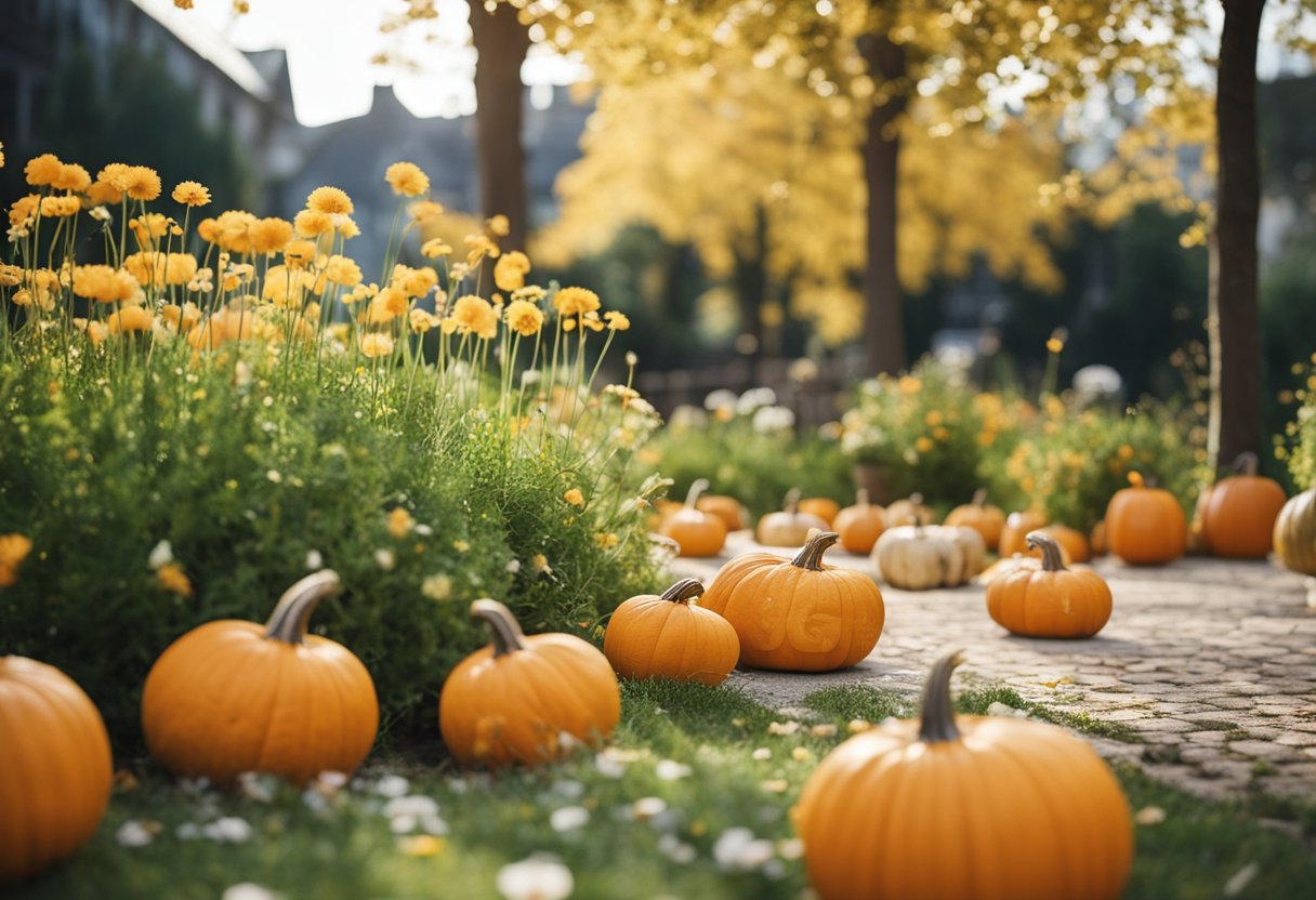 A garden with changing decor for each season: spring flowers, summer sun umbrellas, fall pumpkins, winter snowmen