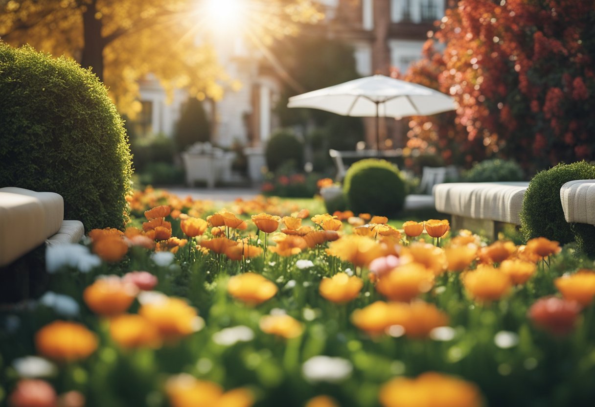 A garden with changing decor for each season: spring flowers, summer sun umbrellas, autumn leaves, and winter snowflakes