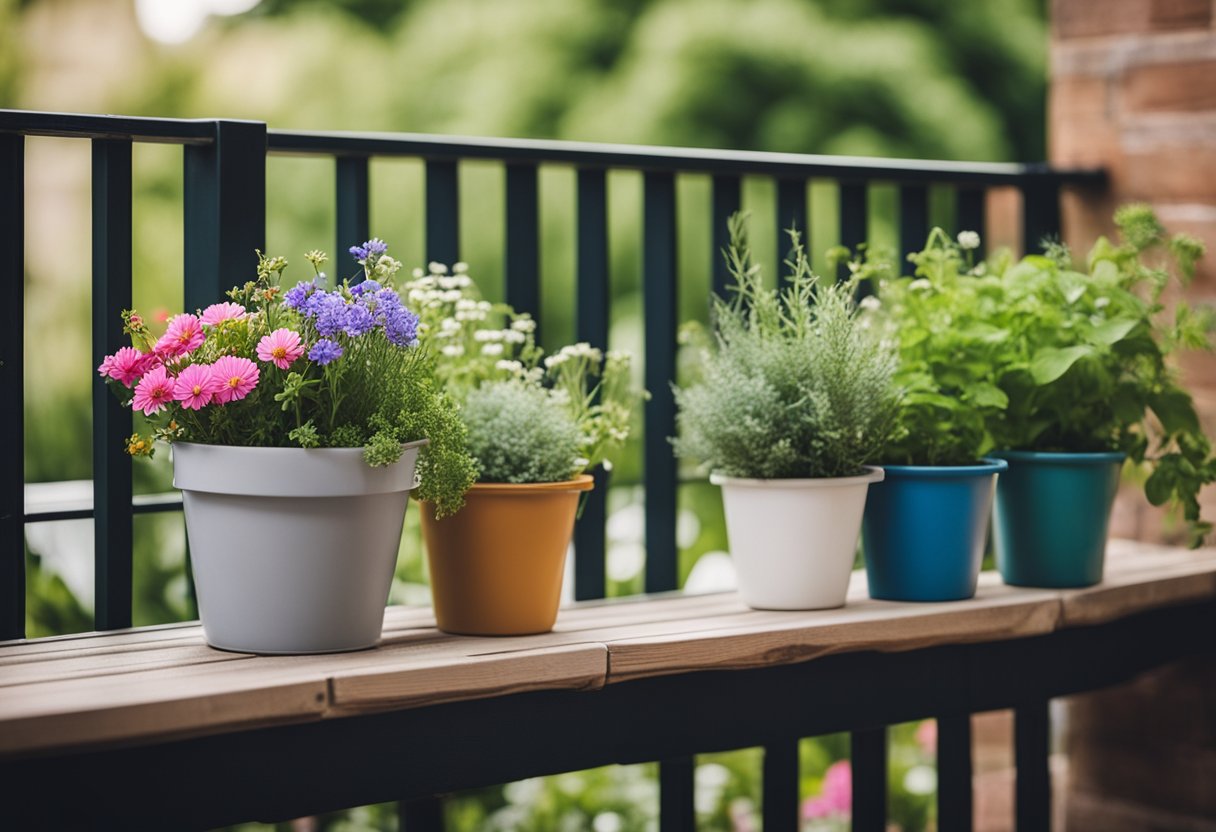 A small balcony with various sized containers filled with vibrant flowers and herbs. A hanging planter adds vertical interest, while a small bench provides a cozy spot to enjoy the garden