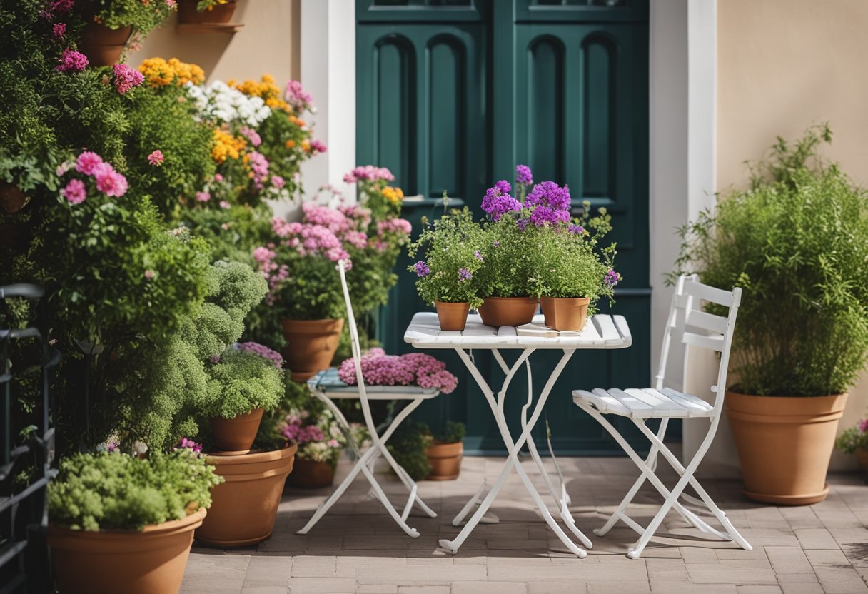 A balcony with a variety of containers, from hanging baskets to vertical planters, filled with colorful flowers and herbs. A small table and chairs provide a cozy spot to enjoy the garden