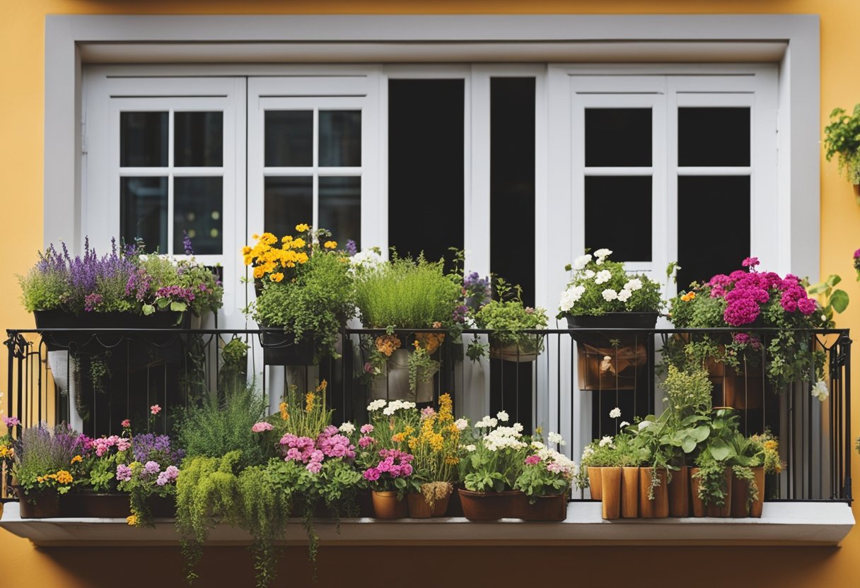 A small balcony with a variety of creative containers, hanging baskets, and vertical planters filled with colorful flowers and herbs