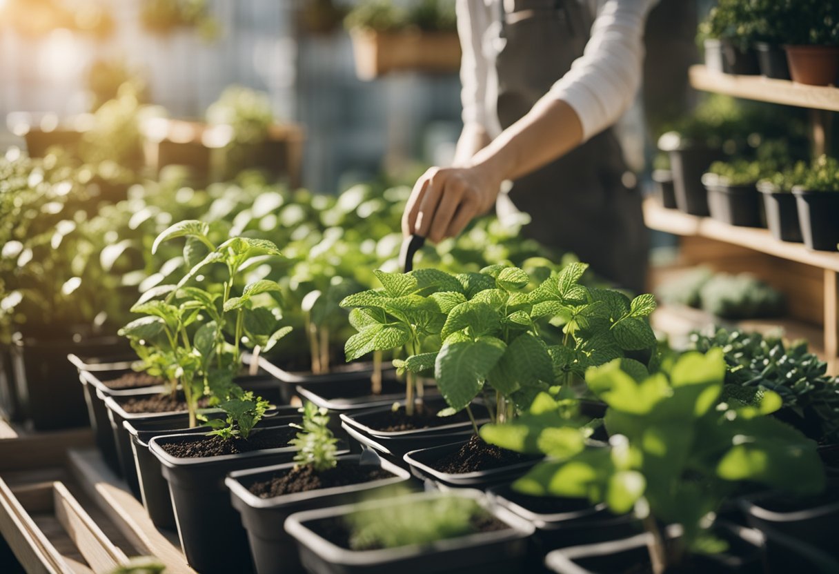 A person selecting various plants from a nursery shelf to create a container garden, with pots and gardening tools nearby