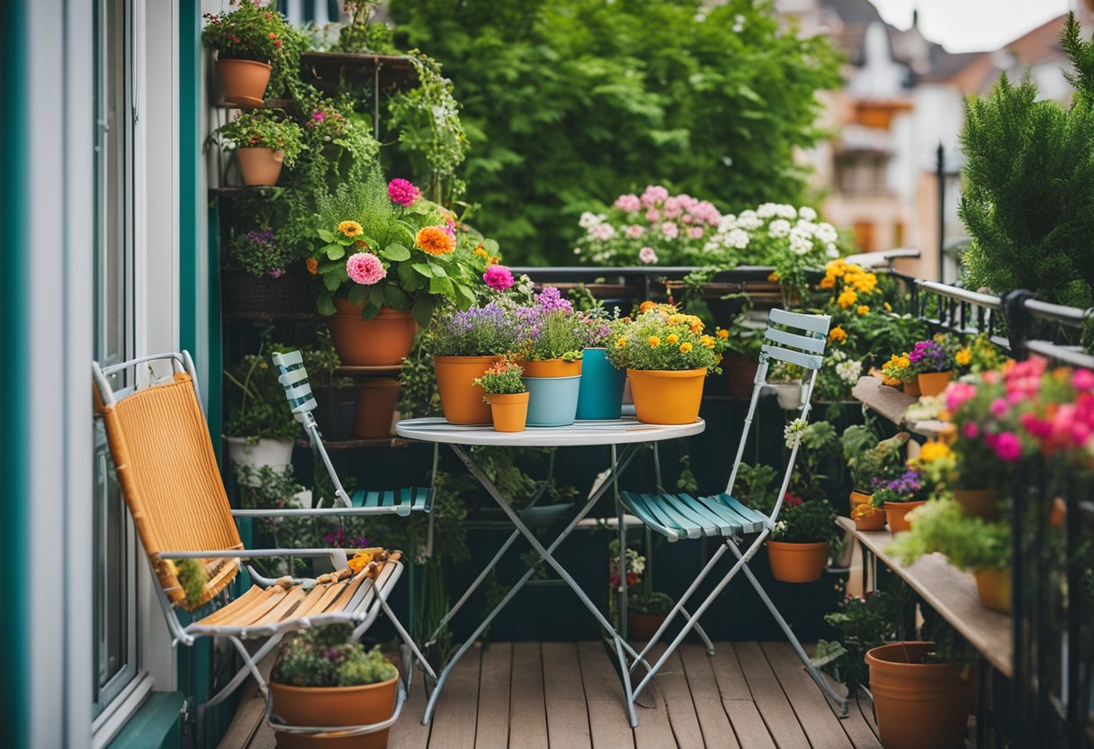 A small balcony with colorful pots of varying sizes, filled with vibrant flowers and greenery. A hanging basket overflowing with cascading plants adds a touch of whimsy. A cozy chair and small table provide the perfect spot to enjoy the garden