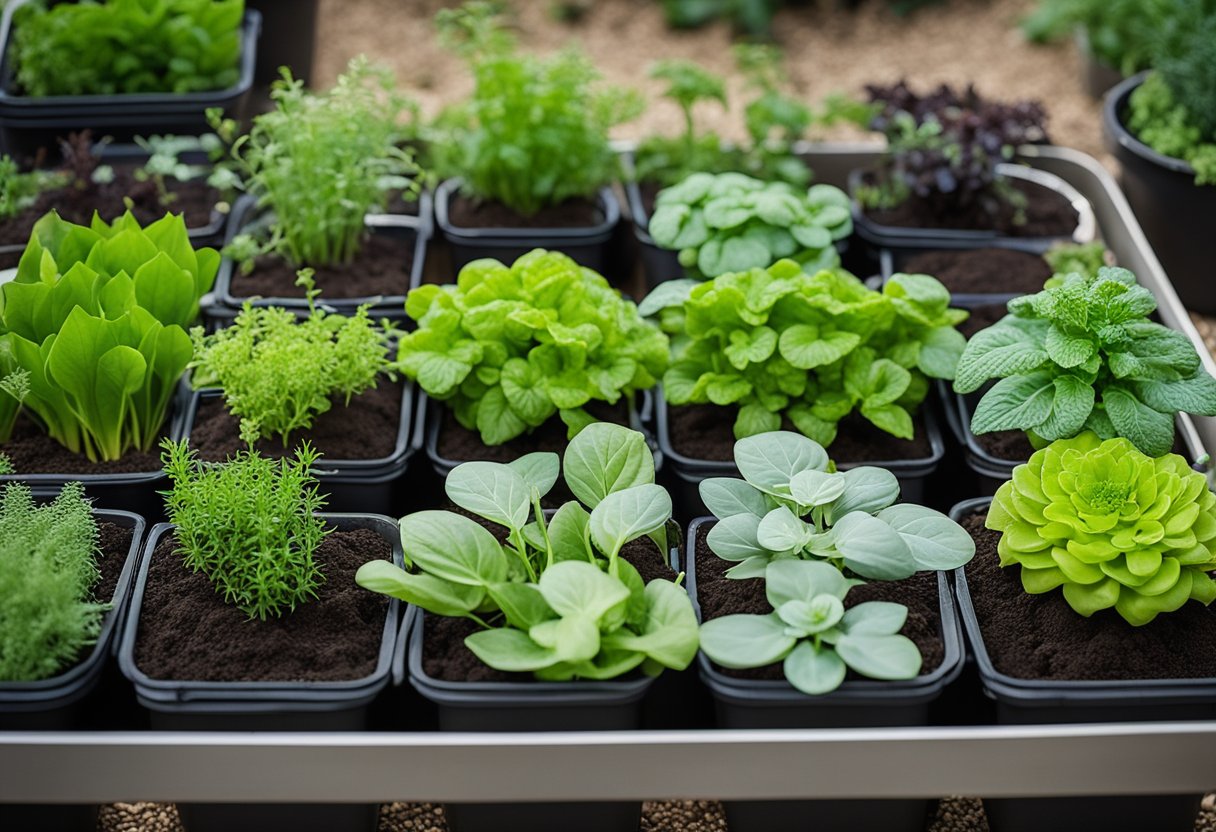 A variety of colorful and creatively designed containers filled with flourishing plants, herbs, and vegetables, arranged in a small space garden with efficient soil and nutrient management