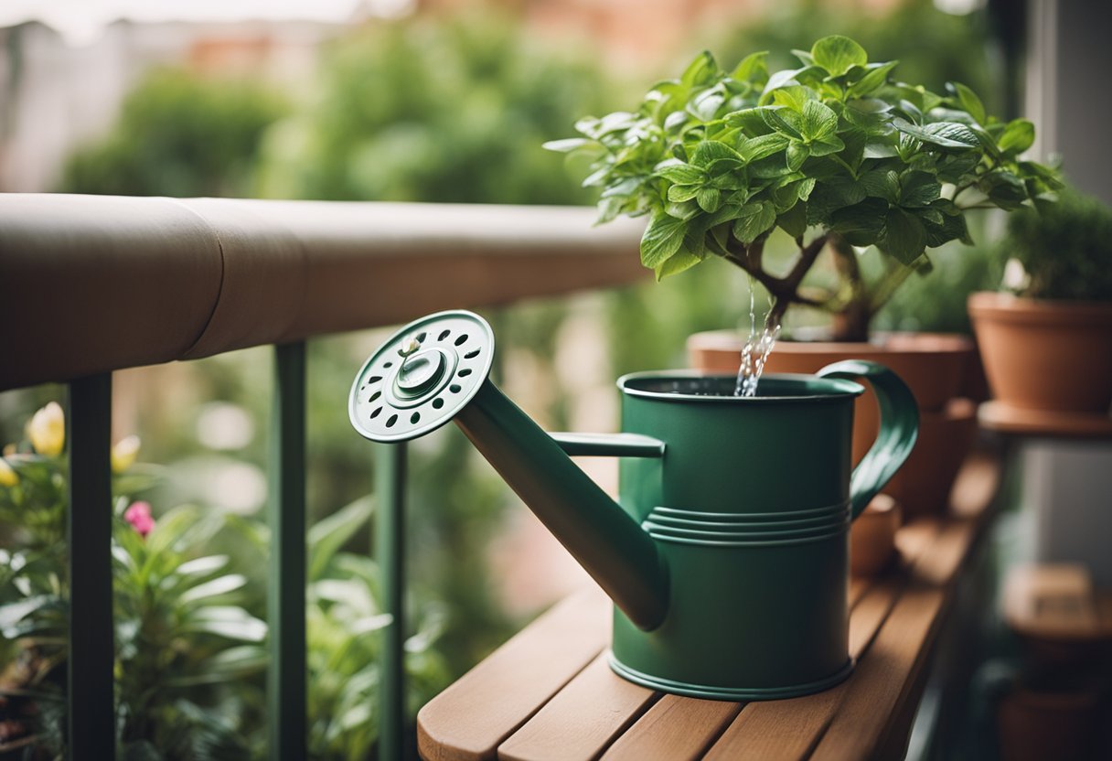 A watering can pours water onto potted plants on a balcony, with a variety of containers and plants arranged creatively