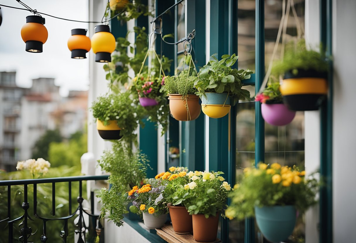 A small urban balcony garden with colorful, creatively arranged containers. Lush greenery and blooming flowers fill the space. Decorative accents like hanging lanterns and wind chimes add charm