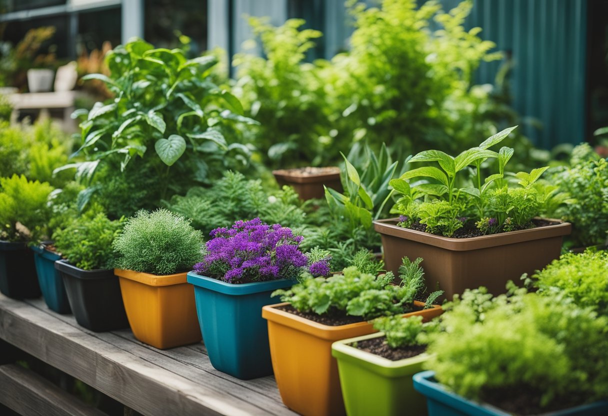 Lush container garden with vibrant plants, strategically placed to maximize space. Pest control measures visible, such as natural predators or organic sprays. Disease prevention through proper watering and soil management