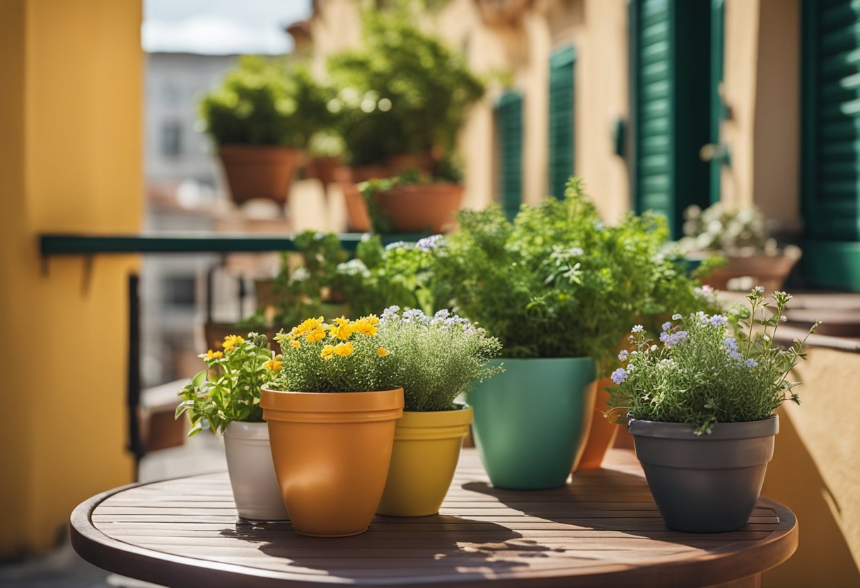 Lush plants spill over colorful pots on a sunny balcony. A small table is set with fresh herbs and flowers. A cozy chair invites relaxation