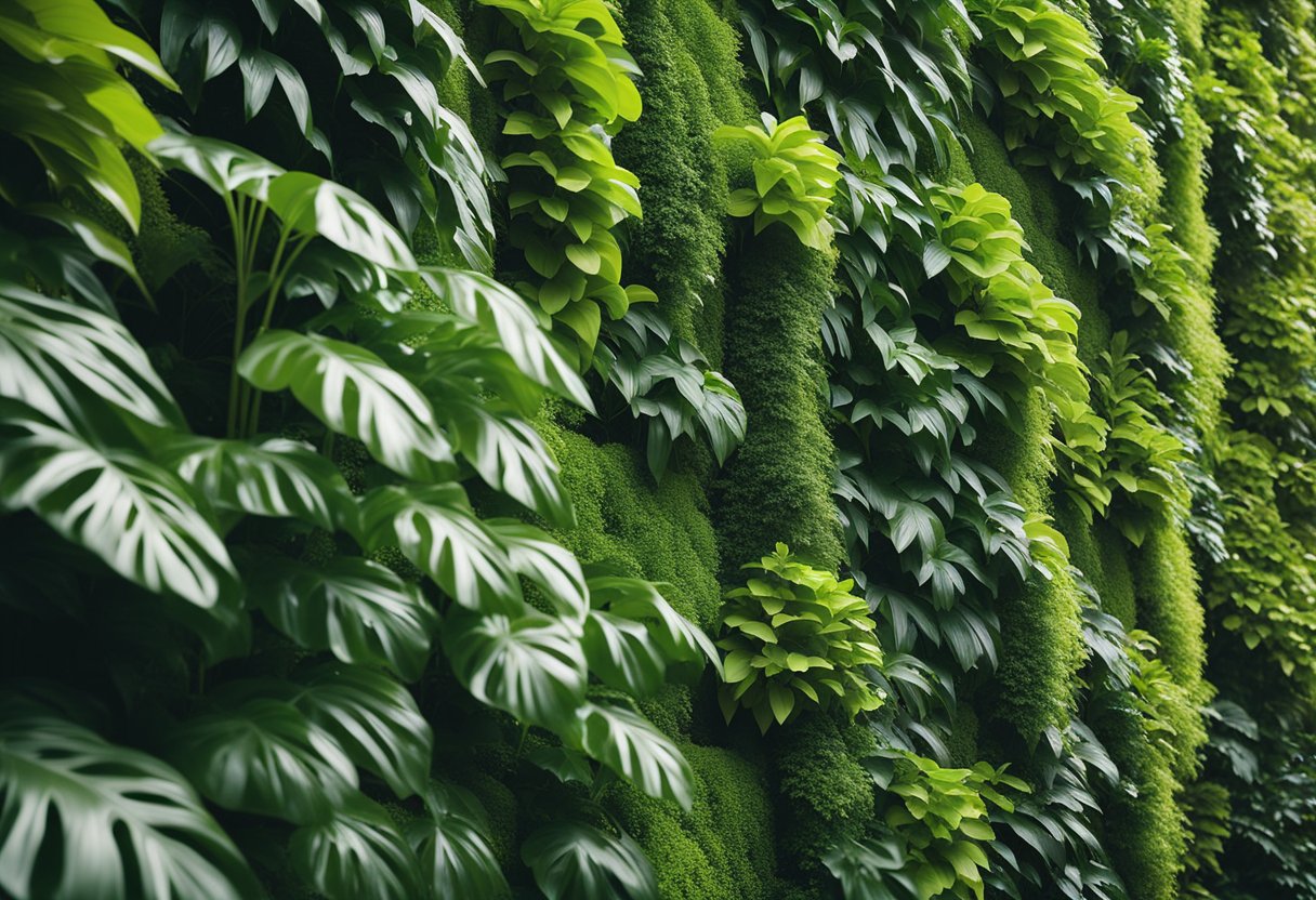 Lush greenery cascades down a towering wall, creating a stunning vertical garden. Vibrant plants of various shapes and sizes fill the space, creating a lush and vibrant display of natural beauty