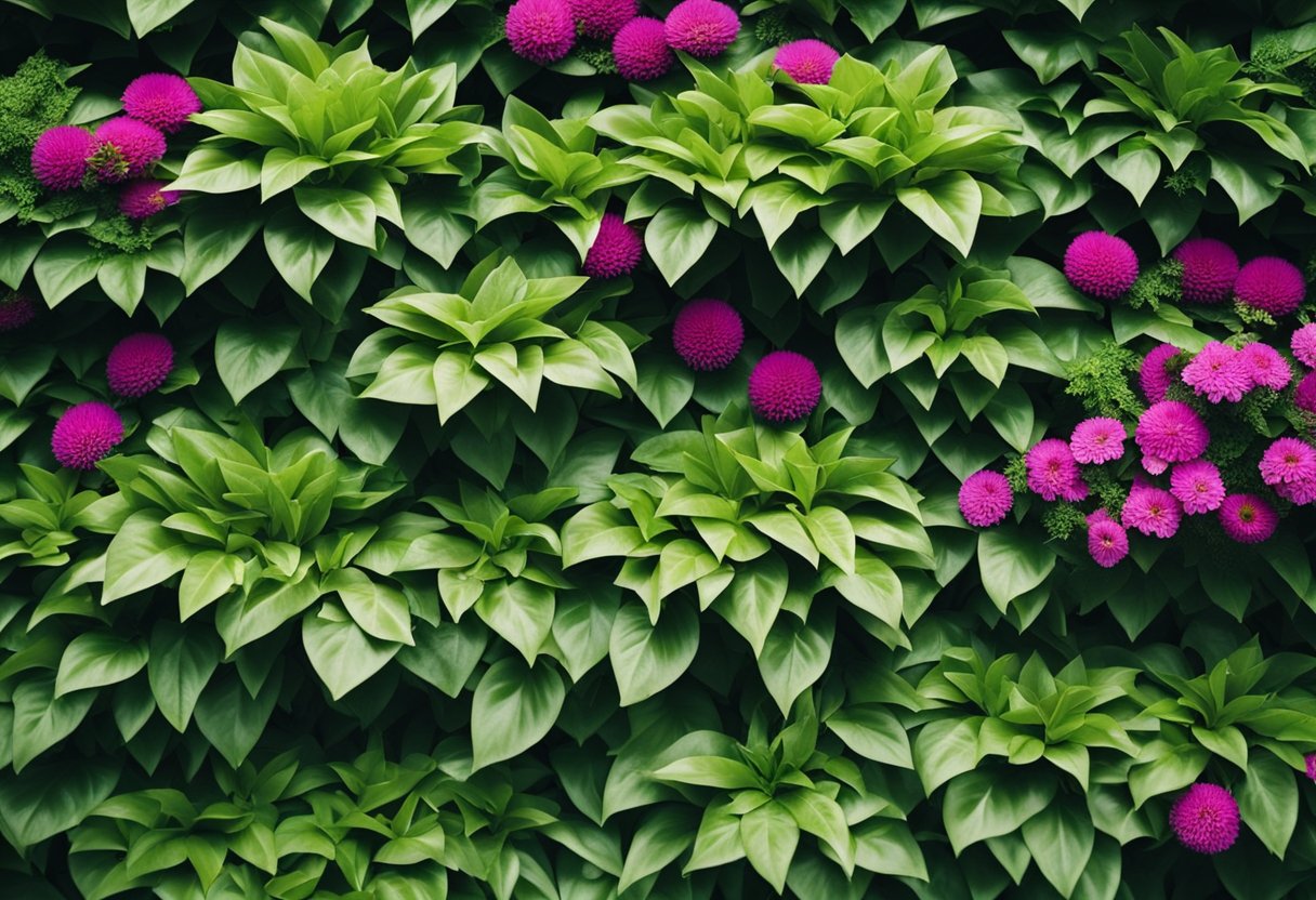 A lush green wall with cascading plants and vibrant flowers, creating a stunning vertical garden design