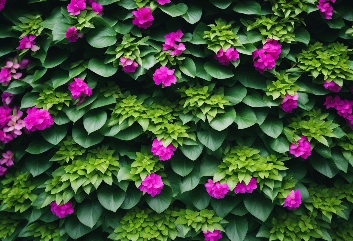 A lush green wall with cascading plants and vibrant flowers, creating a stunning vertical garden display