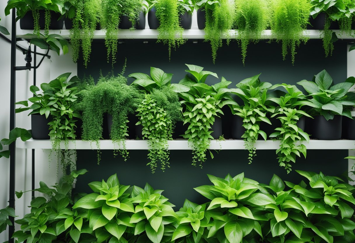 Lush green plants cascade down a vertical wall, fed by a network of irrigation tubes and misters, creating a stunning and vibrant vertical garden