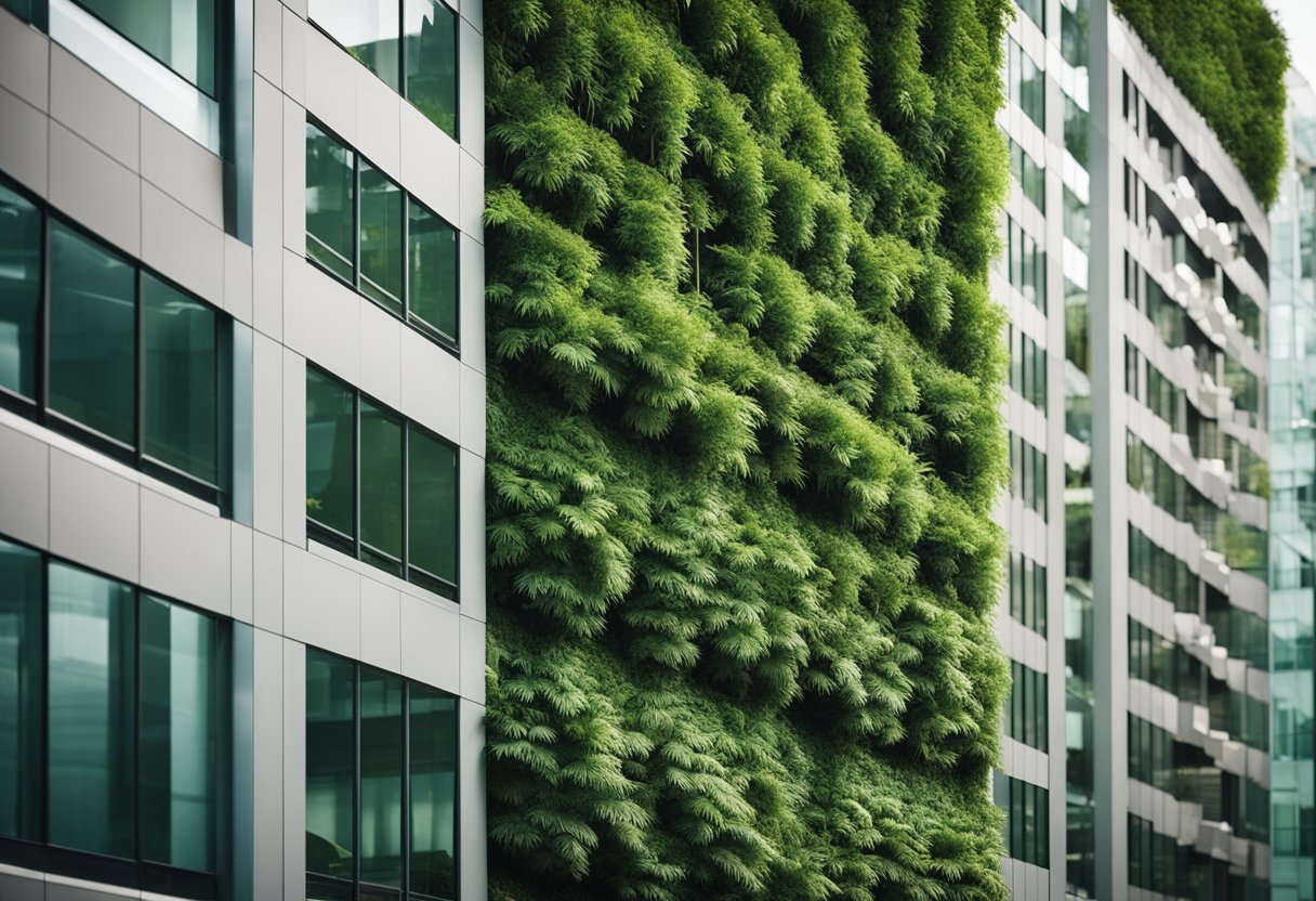 A towering green wall with diverse plant species and integrated technology, showcasing innovative materials and designs