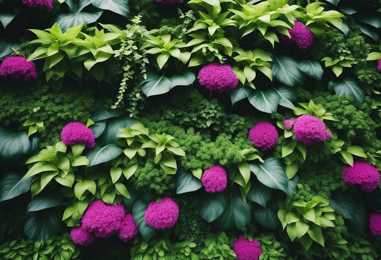 A lush green wall stretches upwards, adorned with a variety of vibrant plants and flowers. The vertical garden creates a stunning display of natural beauty