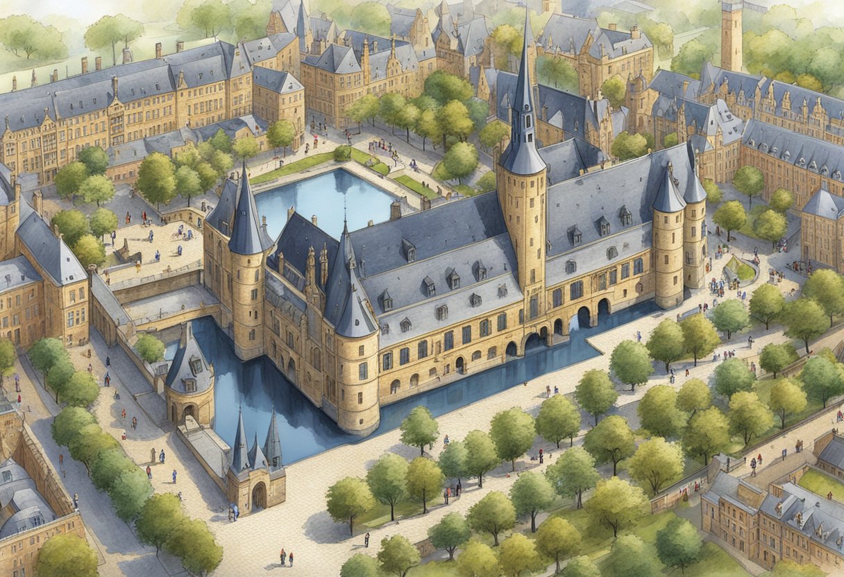 The Binnenhof complex bustles with political activity as visitors explore its historic buildings, cobblestone courtyards, and serene ponds