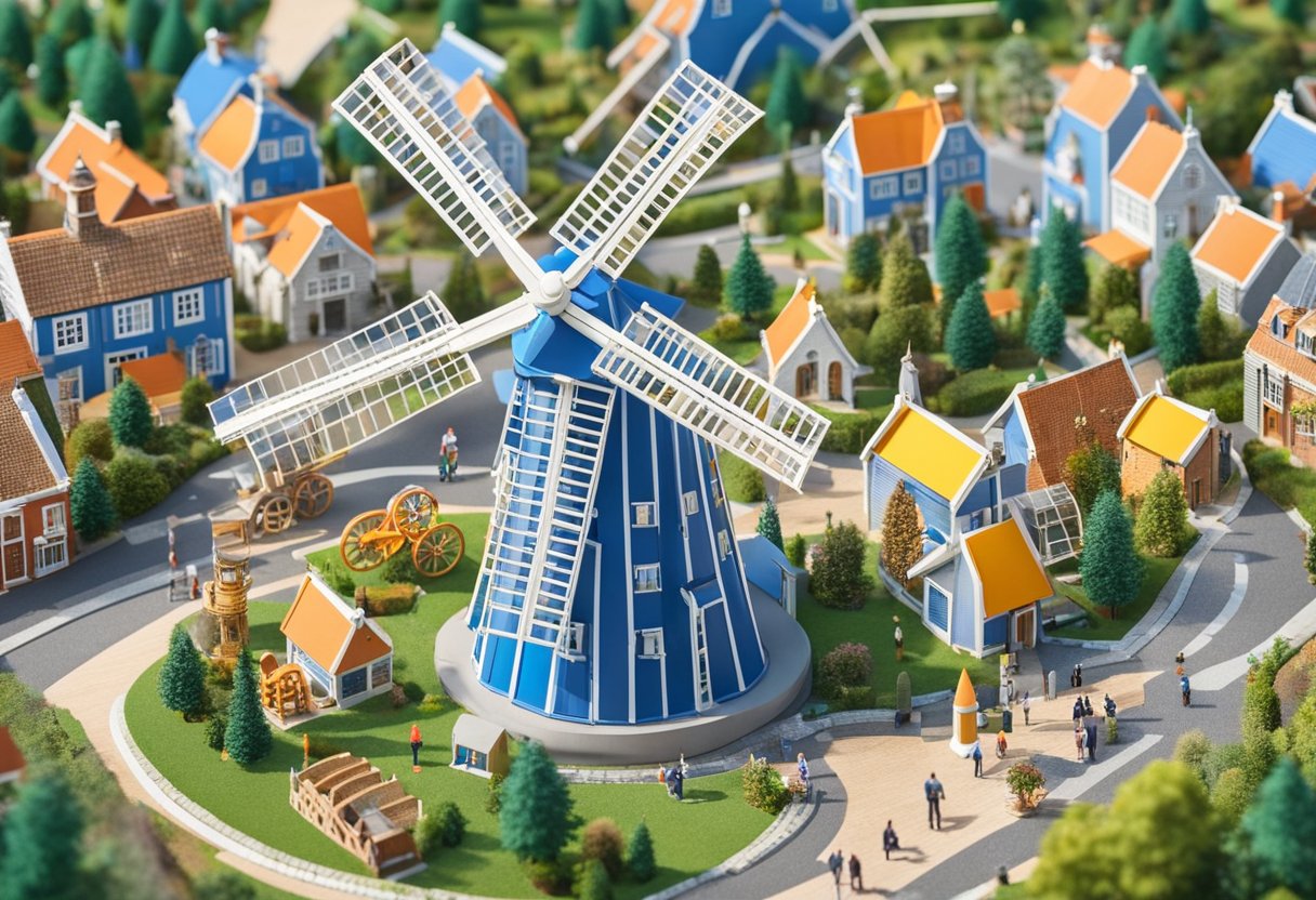 A miniature windmill spins in Madurodam, surrounded by tiny replicas of Dutch landmarks under a clear blue sky