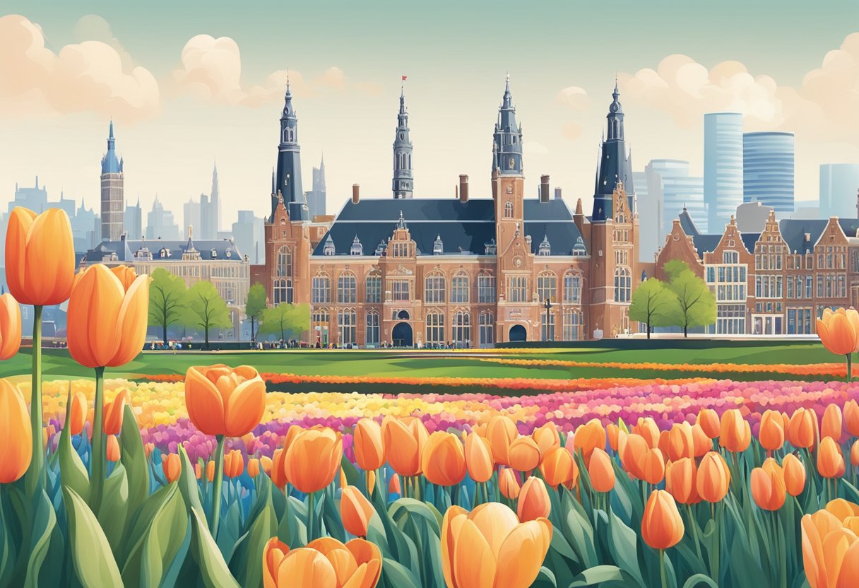 The Hague's skyline, featuring iconic landmarks like the Peace Palace and Binnenhof, set against a backdrop of vibrant tulip fields and bustling city streets