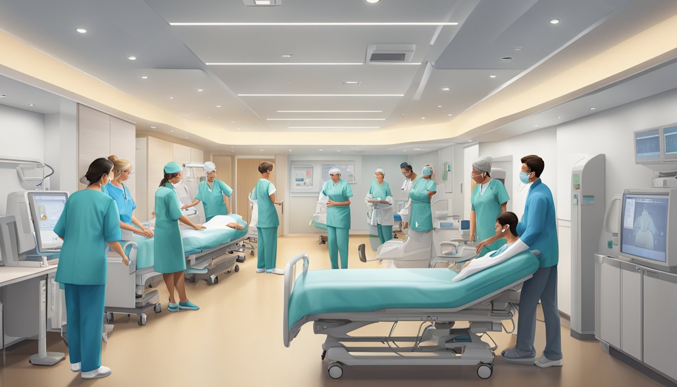The Novena Heart Centre bustles with patients and staff. Cardiology equipment lines the walls, while doctors consult with patients in private rooms