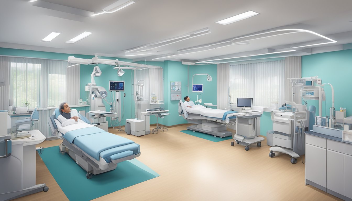 The Novena Heart Centre - Cardiology Clinic bustles with patients and medical staff, featuring modern equipment and a calming color scheme