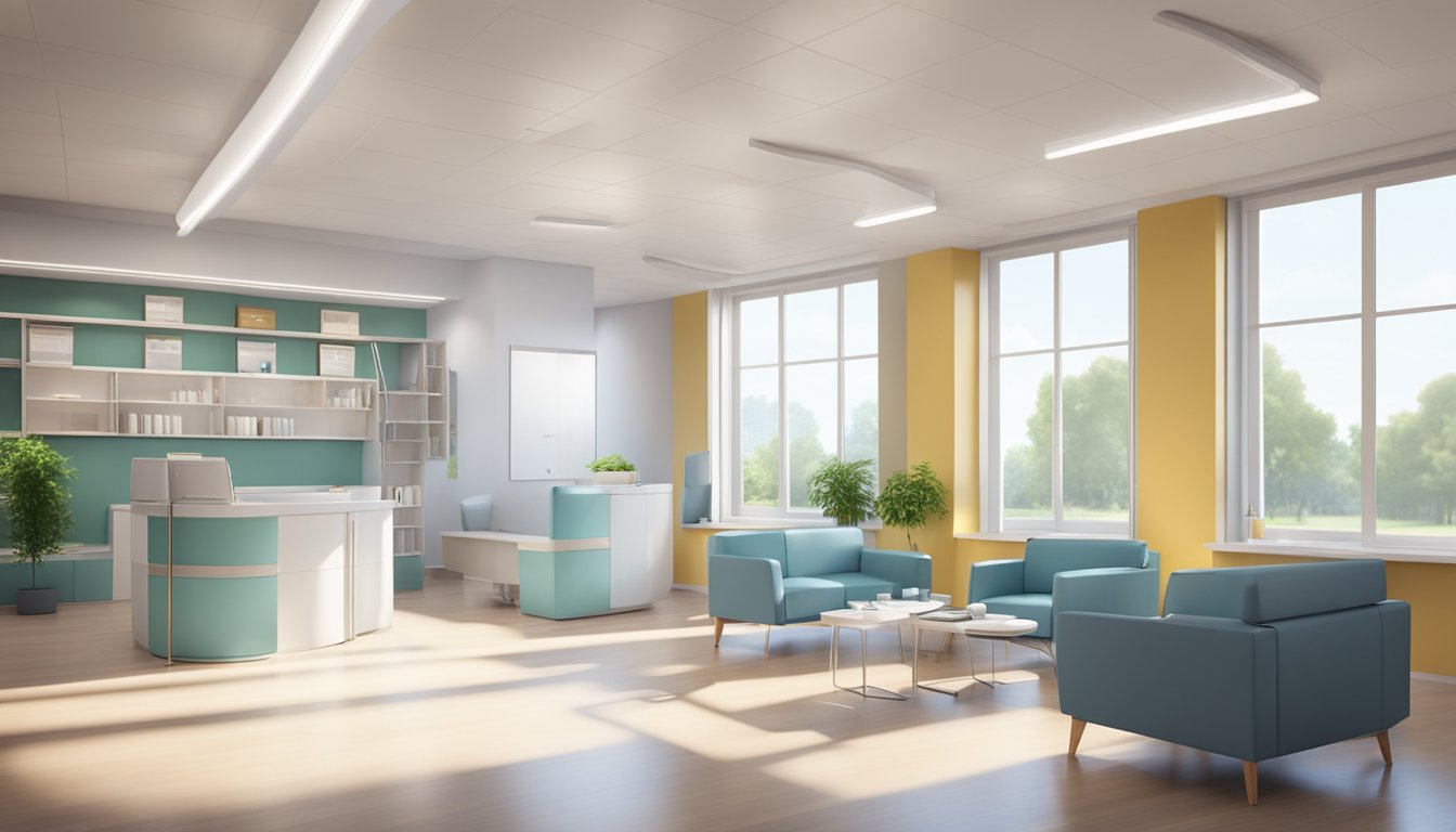 A modern cardiology clinic with state-of-the-art equipment and comfortable waiting area. Brightly lit and organized, with a professional and welcoming atmosphere
