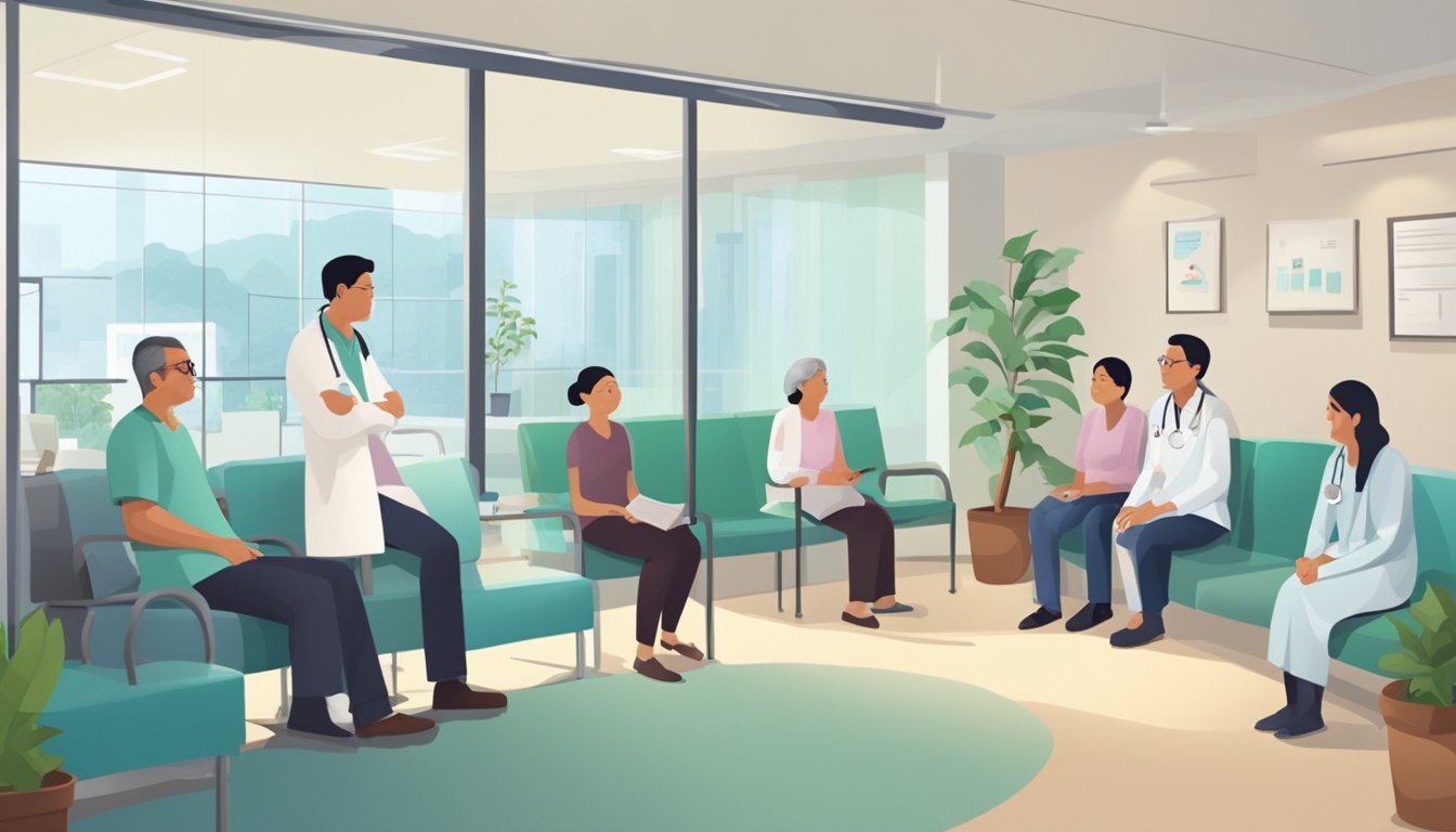 Patients fill the waiting room at Novena Heart Centre. A doctor consults with a patient, while others wait for their appointments. Medical staff move about the clinic, attending to various tasks