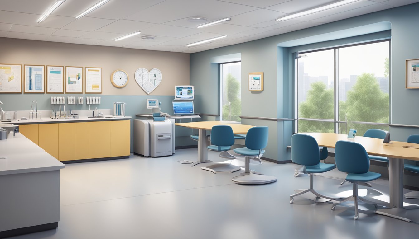 A modern, spacious cardiology clinic with state-of-the-art equipment and comfortable seating. The walls are adorned with educational posters and the atmosphere is calm and professional