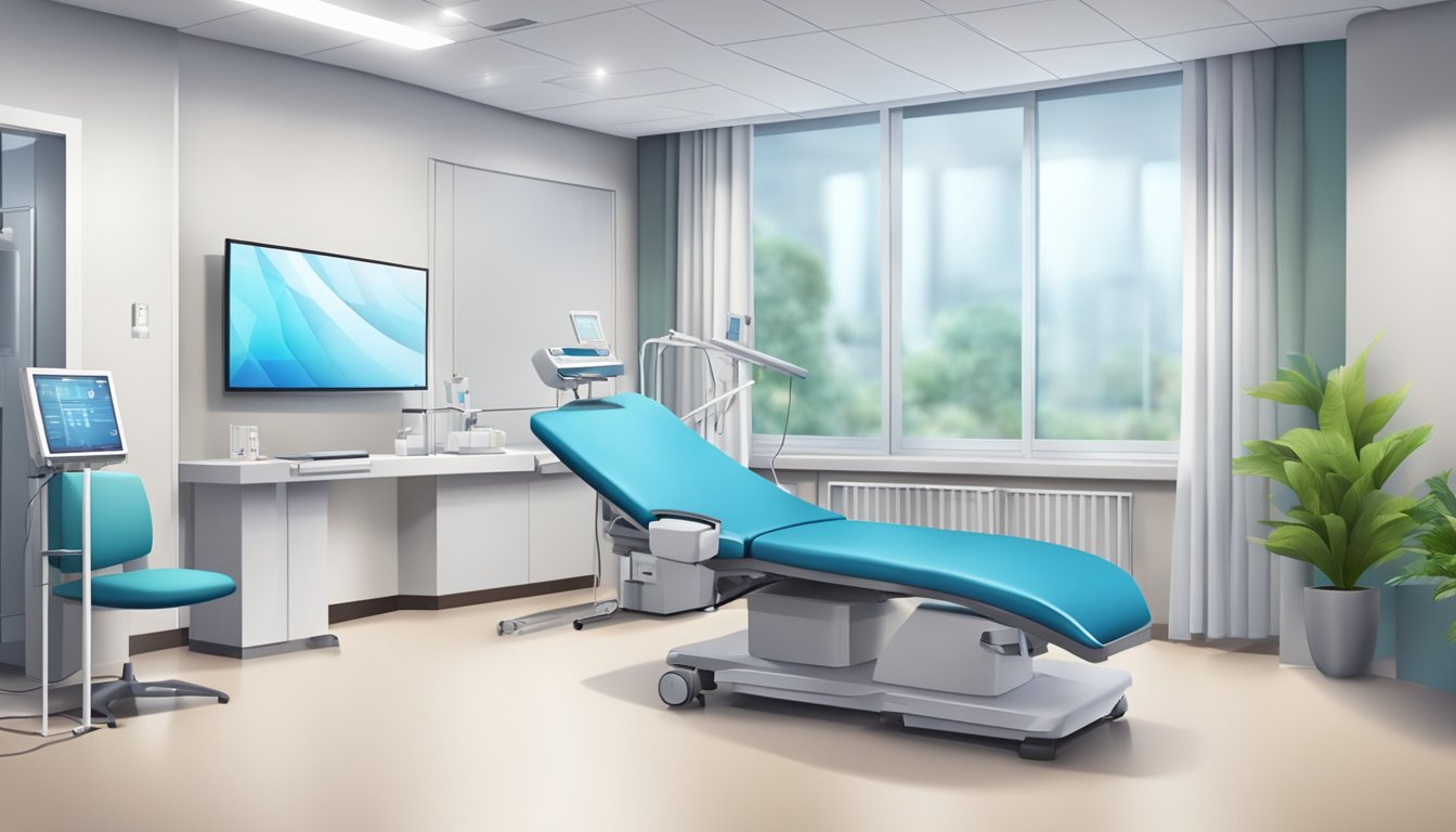 A modern cardiology clinic with state-of-the-art equipment and comfortable waiting area. Staff providing top-notch medical services to patients