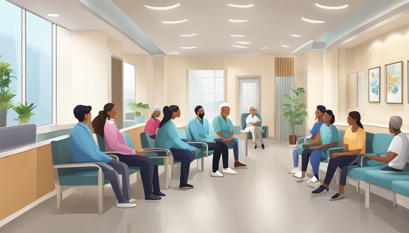 Patients fill the waiting room at Prime Heart Centre, a modern cardiology clinic. A receptionist greets them as they sit in comfortable chairs