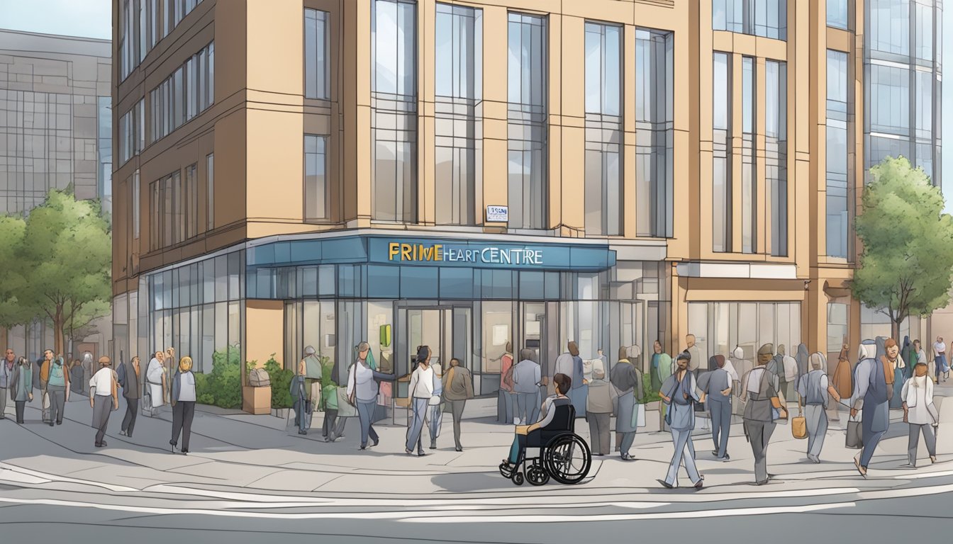 The Prime Heart Centre stands on a bustling street, with a clear sign and wheelchair ramp for accessibility
