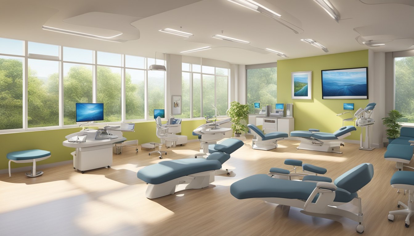 A modern, spacious cardiology clinic with state-of-the-art equipment and comfortable seating. Large windows provide natural light, and the walls are adorned with calming nature-themed artwork