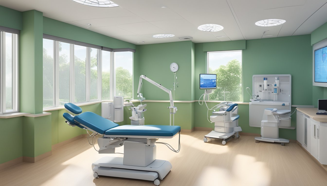 A modern and spacious cardiology clinic at Woodlands Health Cardiac Centre, with state-of-the-art equipment and comfortable seating for patients