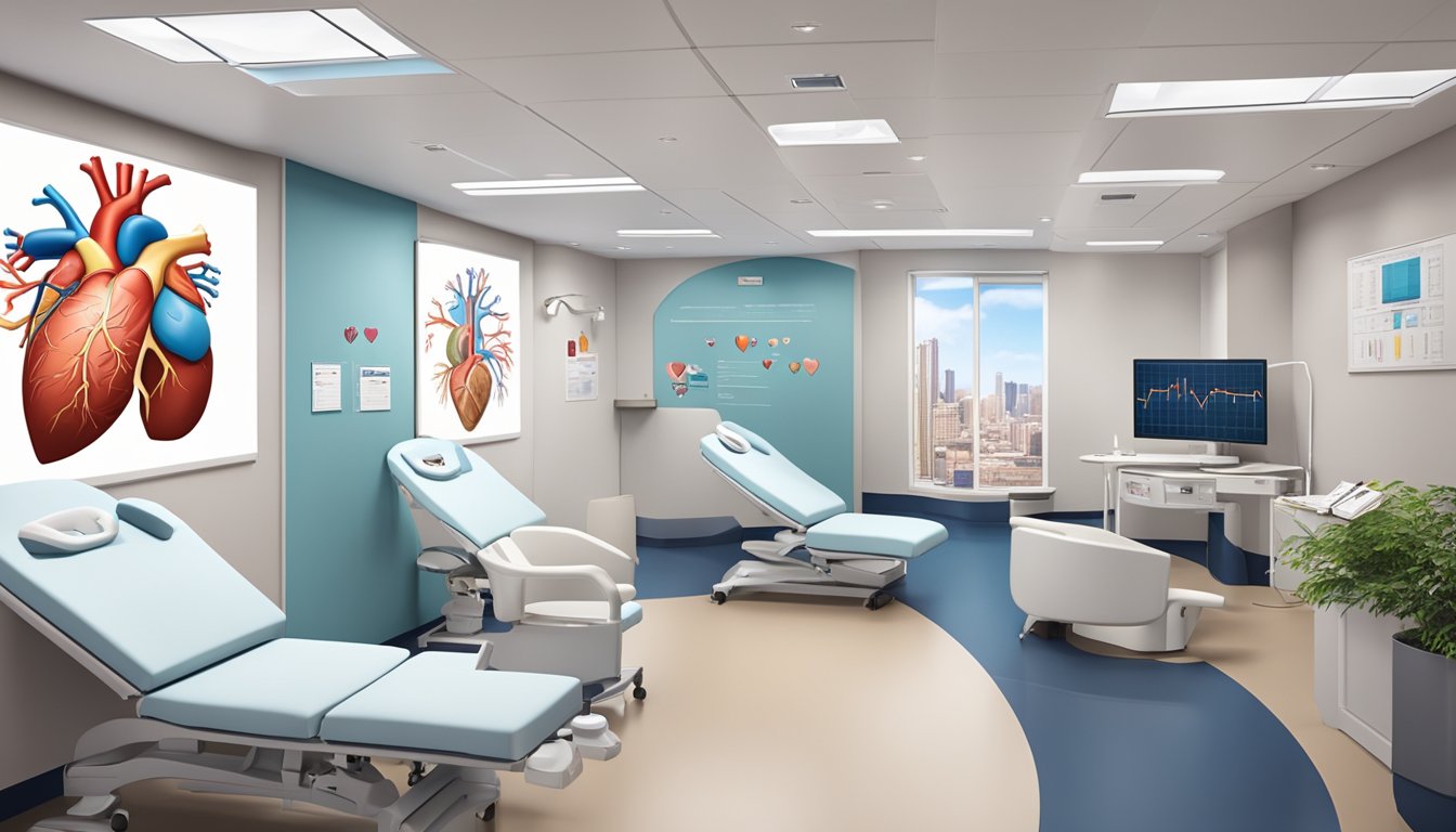 A modern, spacious cardiology clinic with state-of-the-art equipment and comfortable seating. The walls are adorned with educational posters on heart health and diagrams of the cardiovascular system