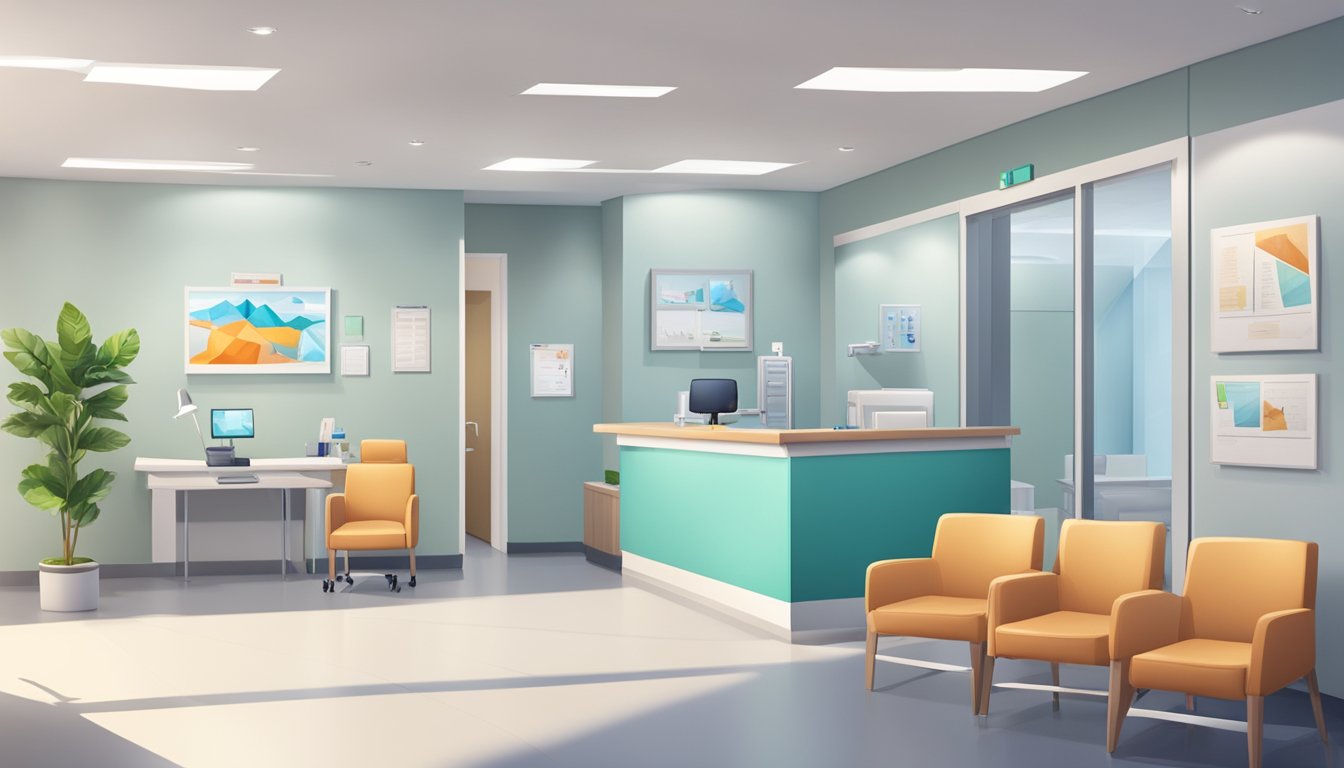 A modern cardiac clinic with waiting area, reception desk, and exam rooms. Medical equipment and heart health posters decorate the walls