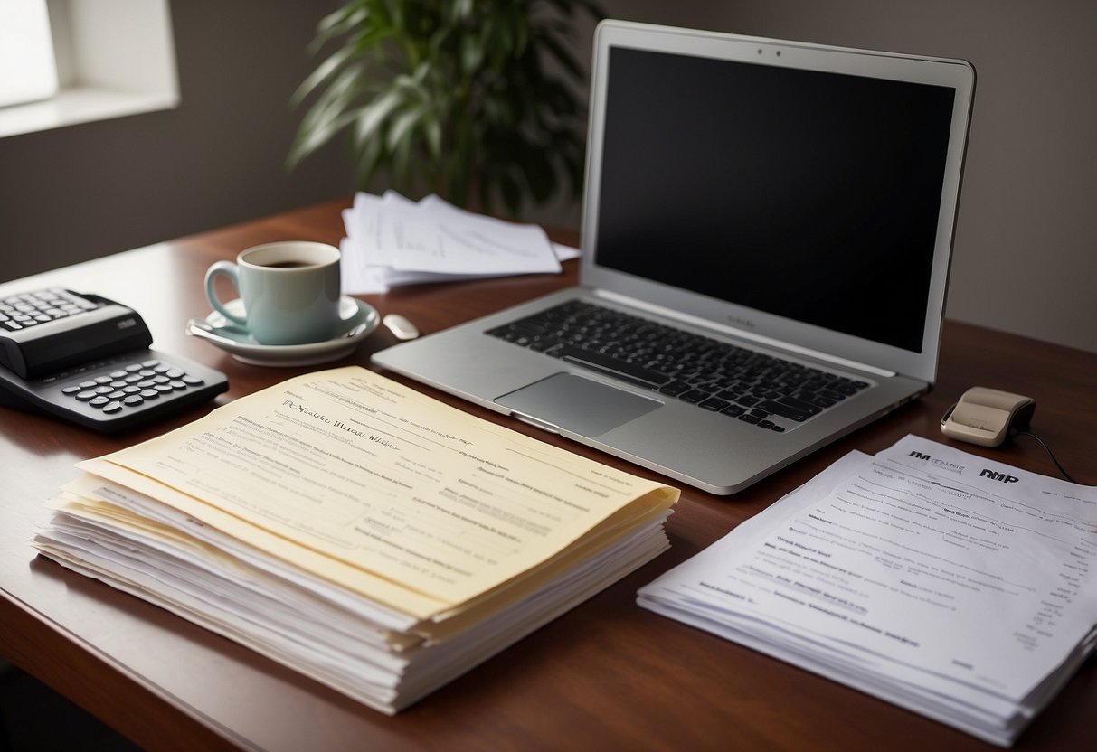 A table with documents, computer, and office supplies. Folders labeled "RMP" and "Revue des Marches Publics" neatly arranged