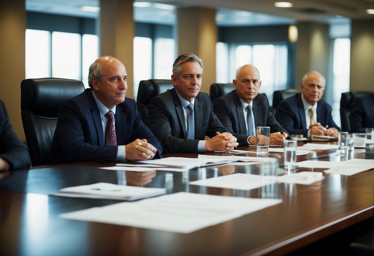 A boardroom meeting with officials discussing public market reviews