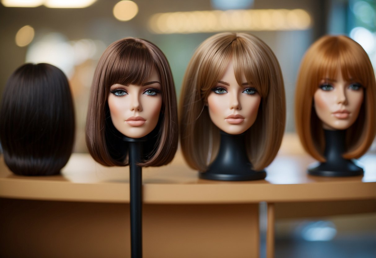 A wig stand holds a synthetic wig on one side and a human hair wig on the other, symbolizing the transition from one to the other