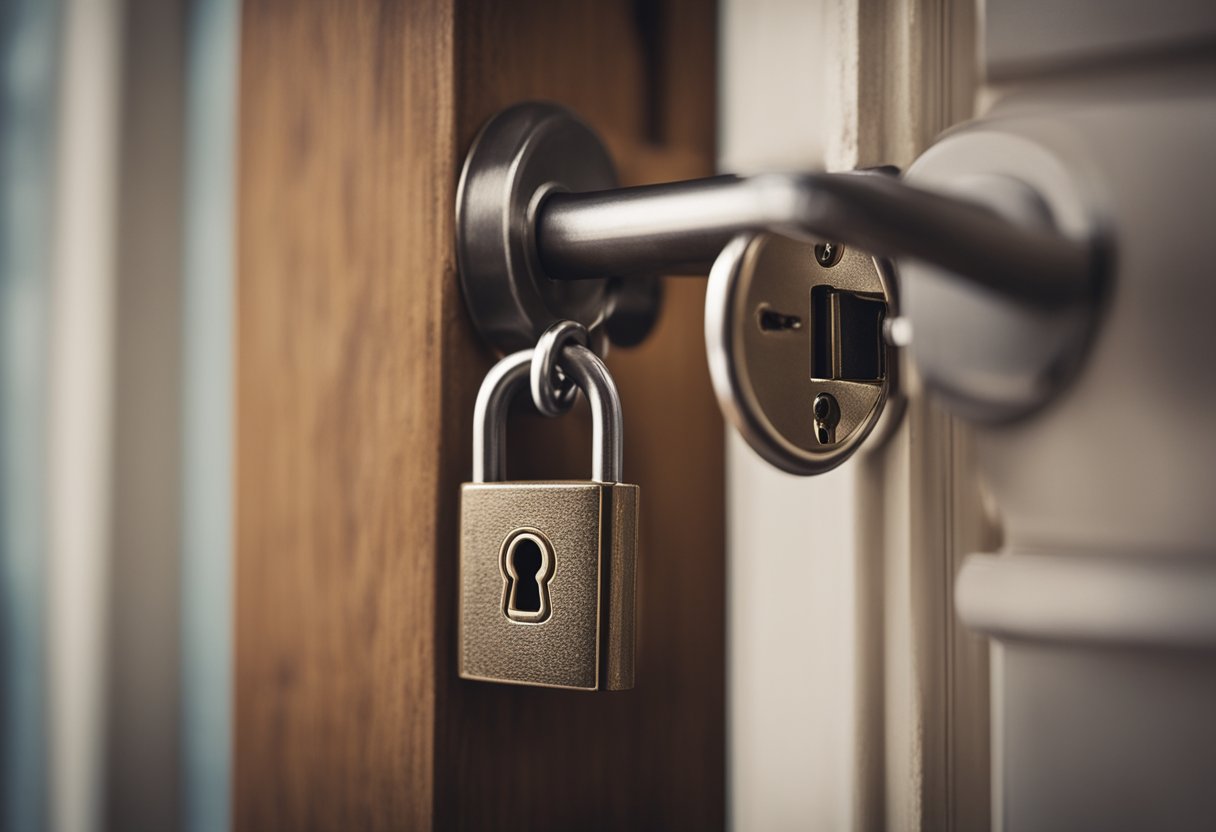 A lock with a keyhole, a closed door, and a person holding a key