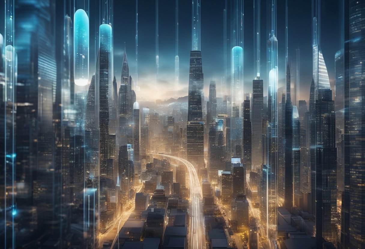 A futuristic cityscape with data flowing through transparent tubes, showcasing the efficiency and security of Zk Rollups technology