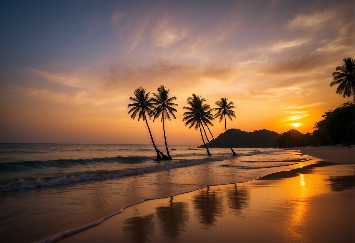 The sun sets behind the silhouetted palm trees on the pristine beach of Koh Lanta, casting a warm orange glow over the tranquil waters