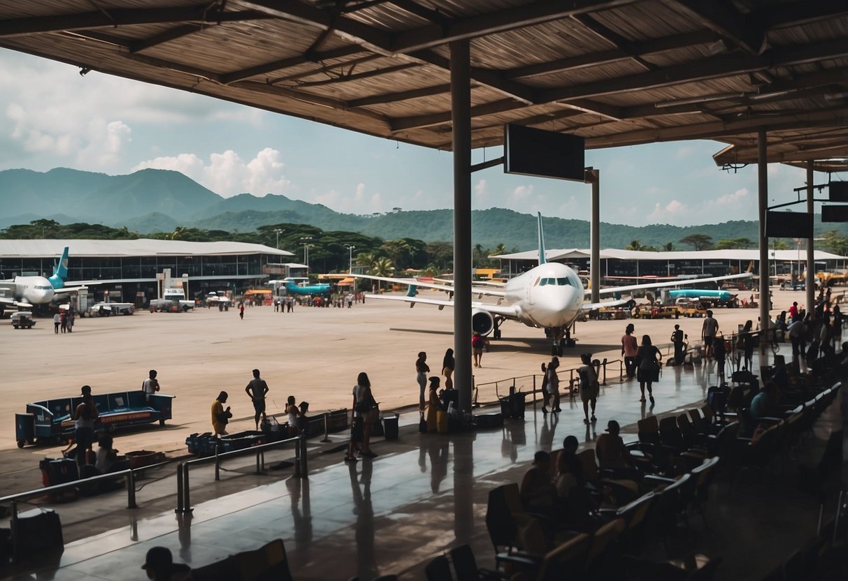 A bustling airport on Koh Lanta, with planes on the runway and passengers boarding