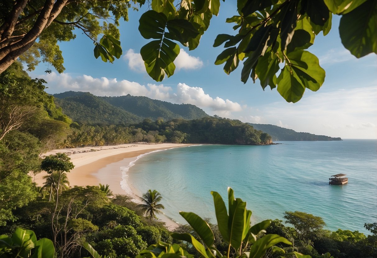 A serene beach at Koh Lanta with a backdrop of lush greenery and crystal-clear waters, while a plane lands at the airport nearby