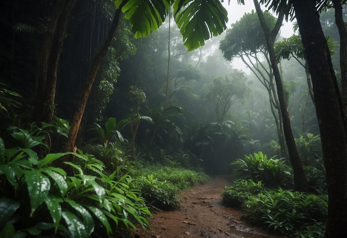 Tropical rain pours over lush green jungle on Koh Lanta island