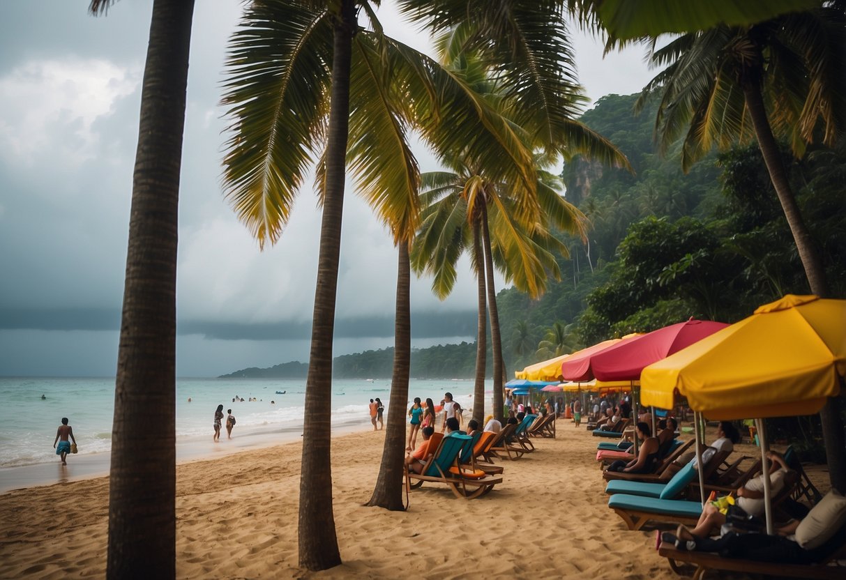 Vibrant beach scene with palm trees, colorful umbrellas, and people enjoying water sports under stormy skies on Koh Lanta during the rainy season