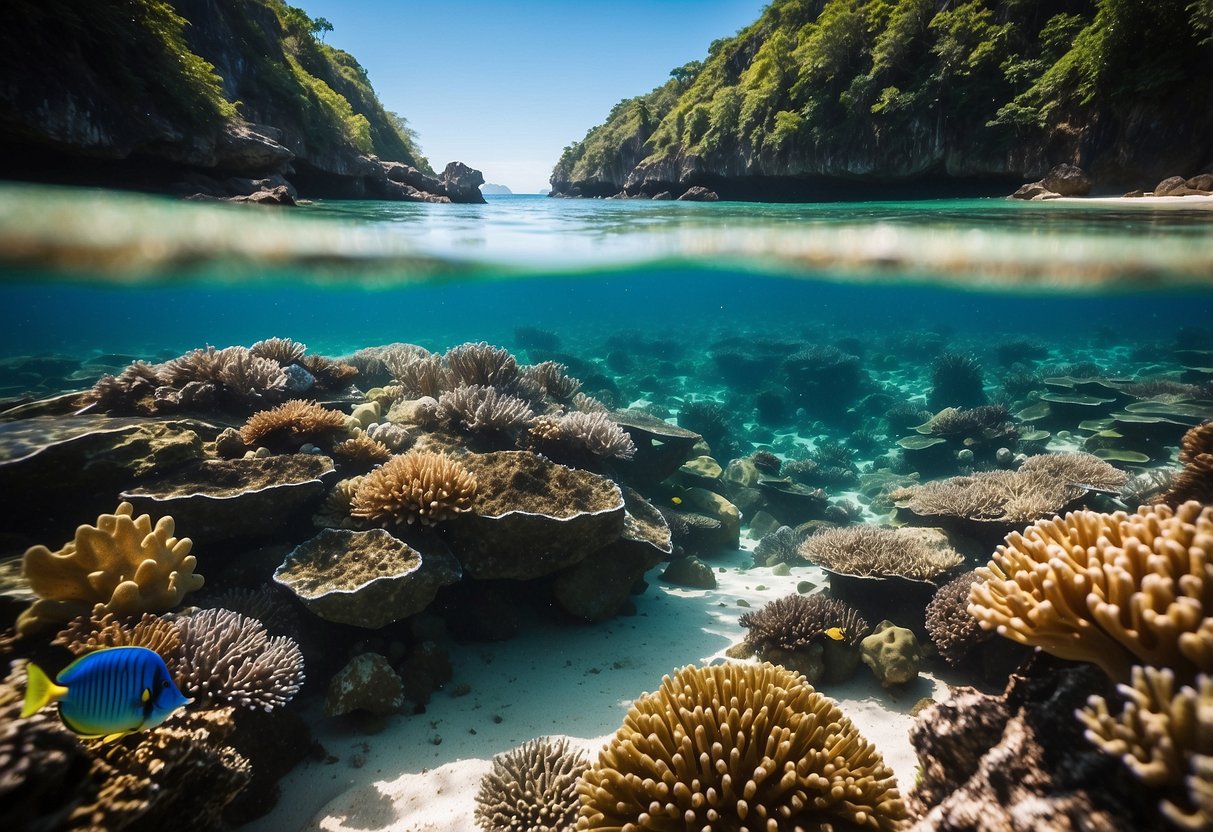 Crystal-clear waters teeming with colorful marine life, vibrant coral reefs, and lush greenery lining the pristine shores of Koh Lanta, creating a perfect scene for snorkeling and environmental conservation