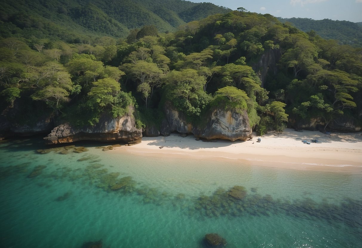 A serene beach on Koh Lanta, with crystal-clear waters and lush greenery, surrounded by limestone cliffs