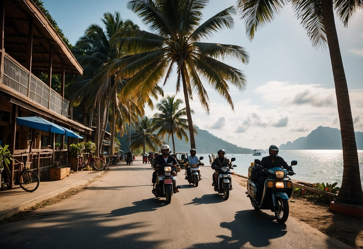 A ferry approaches the dock on Koh Lanta, with palm trees and mountains in the background. Bicycles and motorbikes line the shore, while a tuk-tuk waits to transport passengers