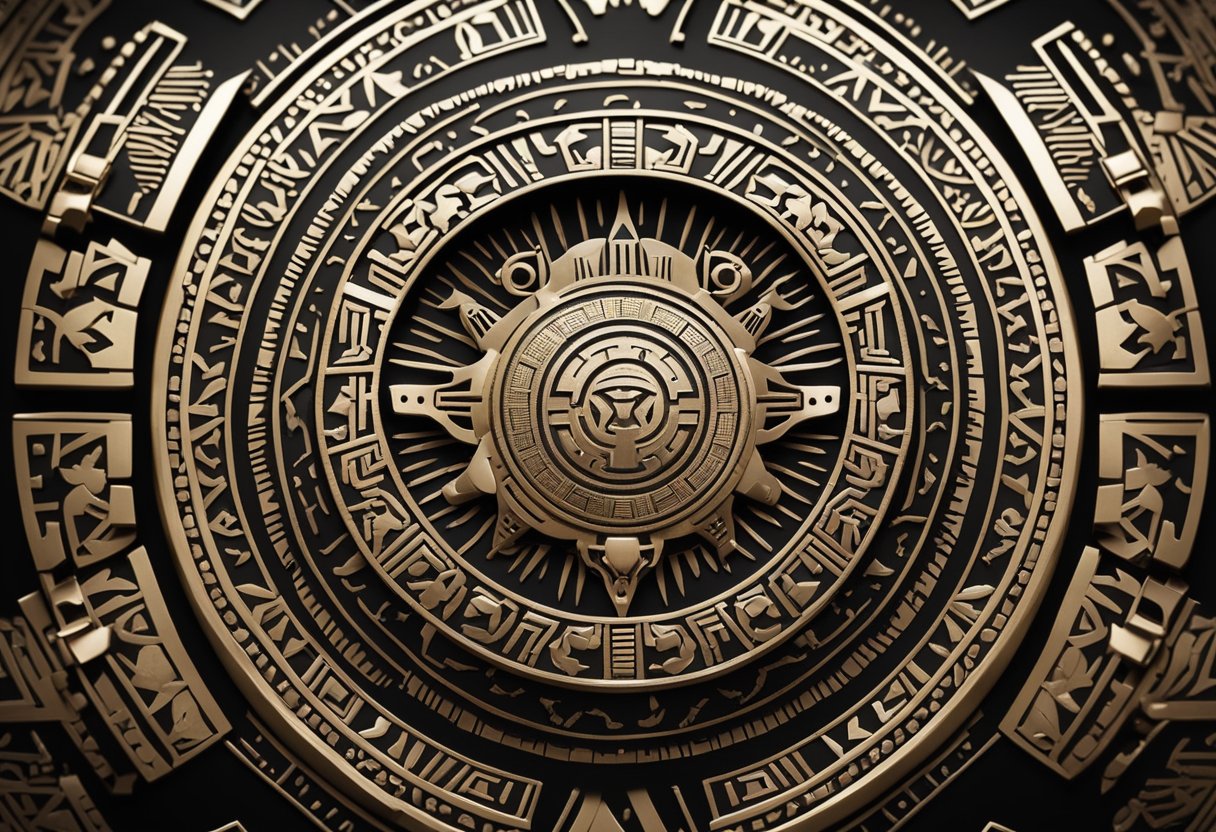 A shield with Aztec symbols surrounded by intricate patterns, symbolizing privacy and security